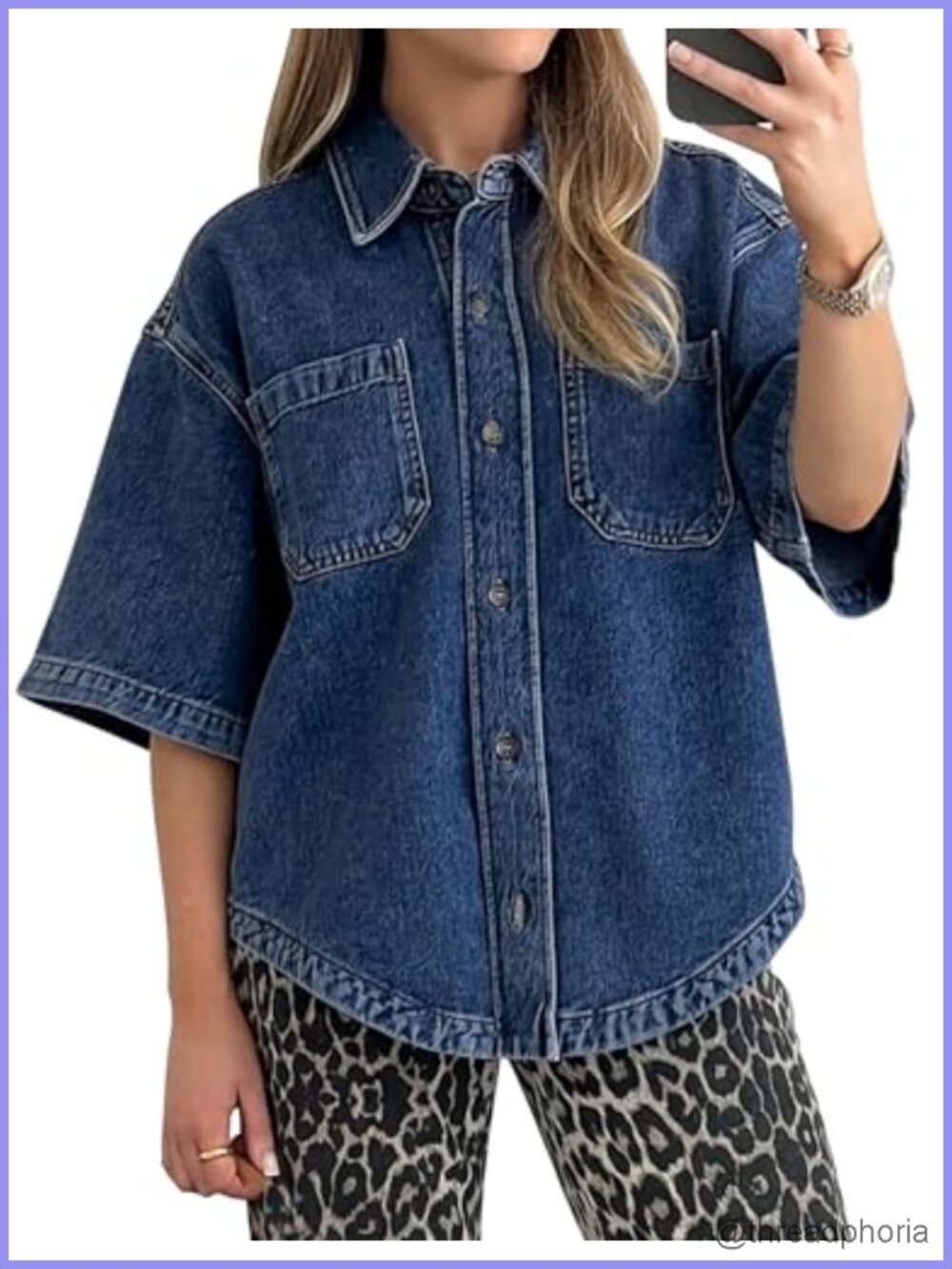 Womens Denim Button Down Shirt Short Sleeve Oversized V-Hem Jean Top